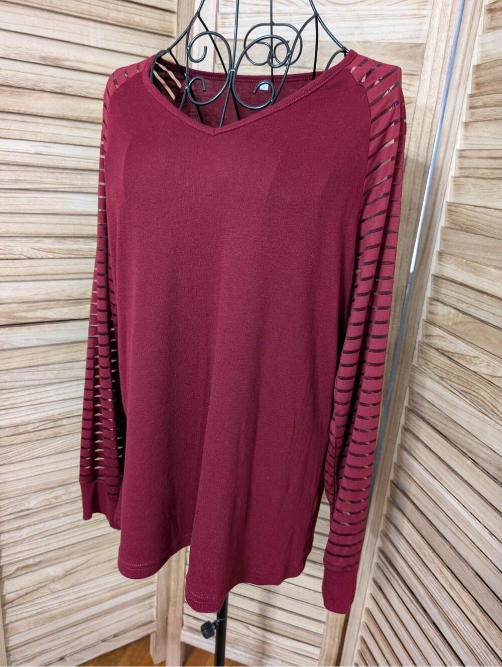 Miholl Women’s Long Sleeve Shirt Top Sheer Striped Sleeves Size L Stretch